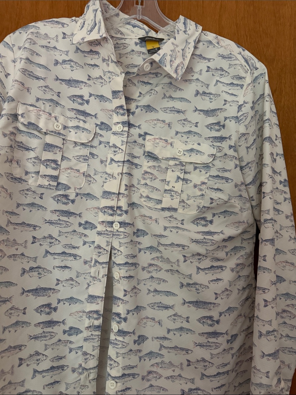 Eddie Bauer Woman’s Fish Print Blouse, White with Blue Tiny Fish, new, medium